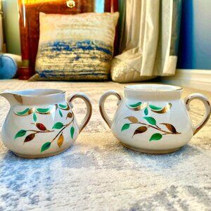 Vintage 1950s Ellgreave Green Leaf & Gold Vine Cream & Sugar Serving Set